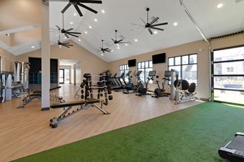 A spacious gym with a variety of equipment and a green carpet.